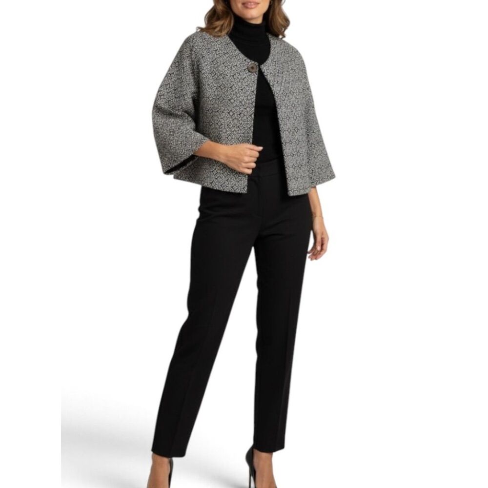 Talbots Brown White Geometric Cotton Stretch One Button Cropped Blazer Large L